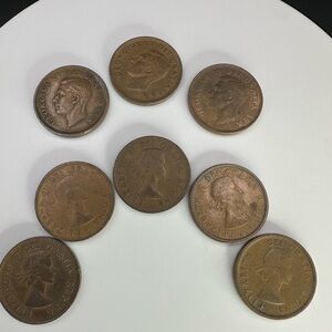 1950s Canadian Penny Set – 8 Coins – George VI to Early Elizabeth II – Vintage